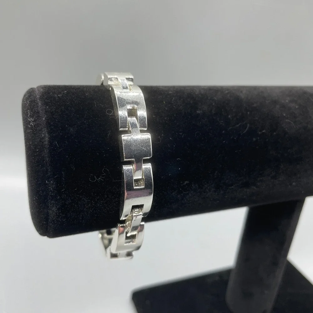Silver Tone Geometric H-Link Bracelet Minimalist Polished Panel Bracelet 7.5